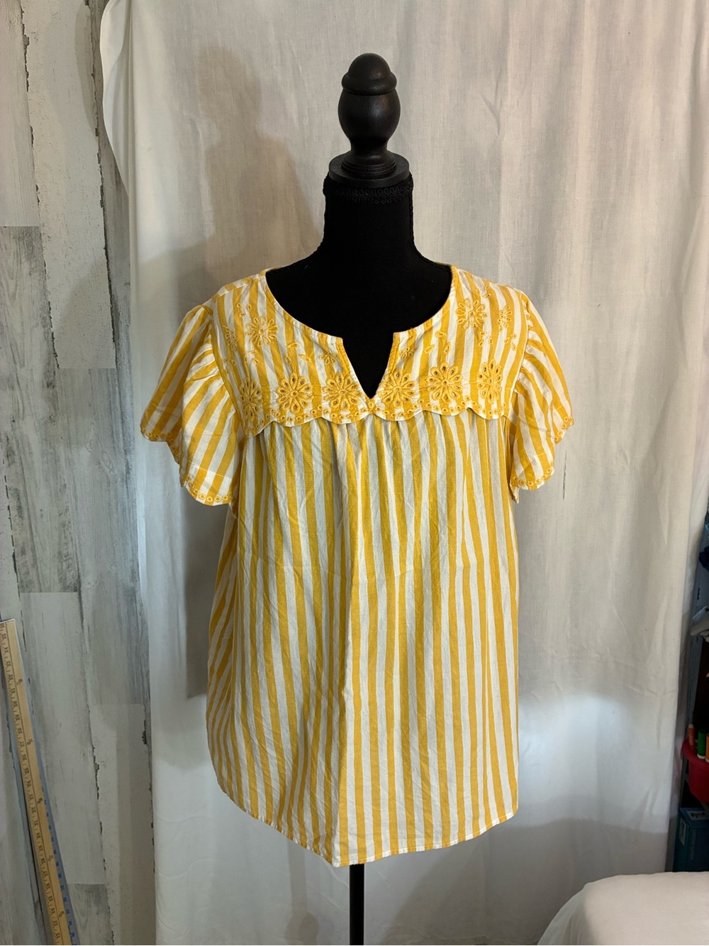 Kim Rogers Yellow and White Striped Embroidered Peasant Tunic Cottagecore fairy